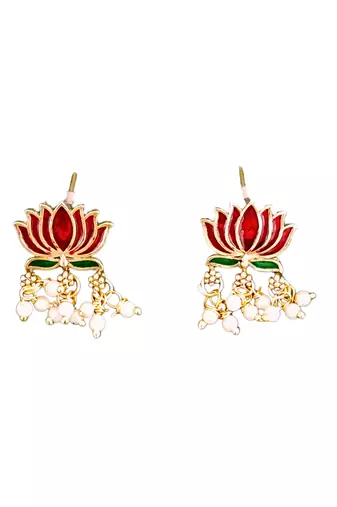Lotus design enamel necklace set with earrings     delicate jewelry     pearl dangling detail