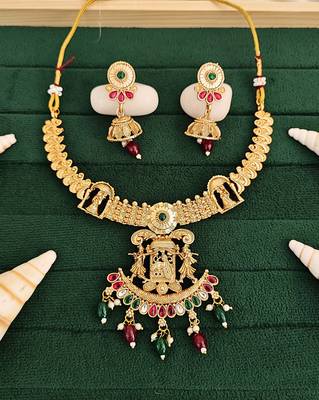 Temple jewellery rajwadi polish short necklace set with fancy design, red & green stones, and jhumka earrings. 1