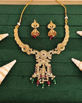 Temple rajwadi polish full stone necklace set with deity pendant and jhumka earrings - indian festive jewelry. 1