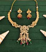 Temple rajwadi polish full stone necklace set with deity pendant and jhumka earrings - indian festive jewelry.