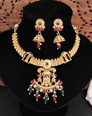 Temple jewellery rajwadi polish short necklace set with fancy design, red & green stones, and jhumka earrings. 3