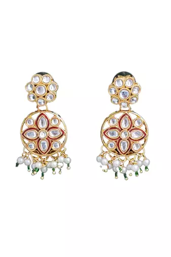 Elegant gold plated kundan choker necklace set with floral motifs, pearls, and matching earrings