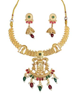 Temple jewellery rajwadi polish short necklace set with fancy design, red & green stones, and jhumka earrings. 4
