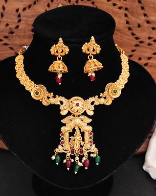 Temple rajwadi polish full stone necklace set with deity pendant and jhumka earrings - indian festive jewelry. 3