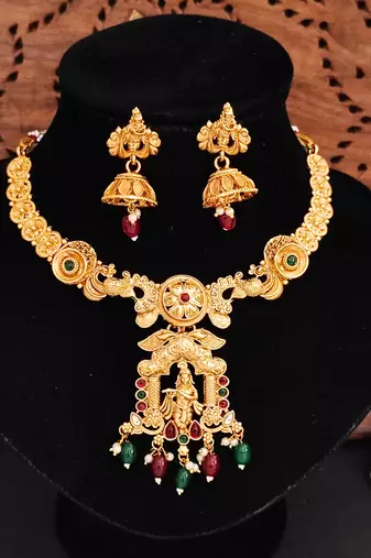 Temple rajwadi polish full stone necklace set with deity pendant and jhumka earrings - indian festive jewelry.