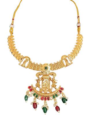 Temple jewellery rajwadi polish short necklace set with fancy design, red & green stones, and jhumka earrings. 5