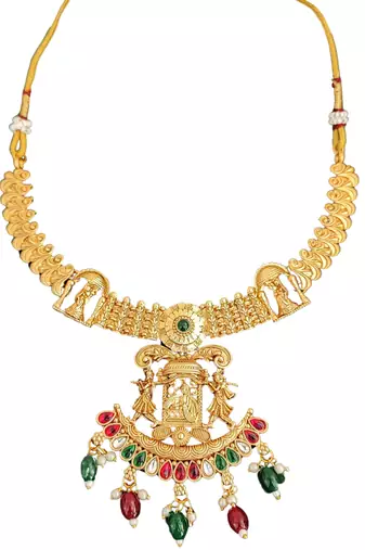 Temple jewellery rajwadi polish short necklace set with fancy design, red & green stones, and jhumka earrings.