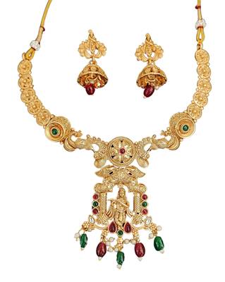 Temple rajwadi polish full stone necklace set with deity pendant and jhumka earrings - indian festive jewelry. 4