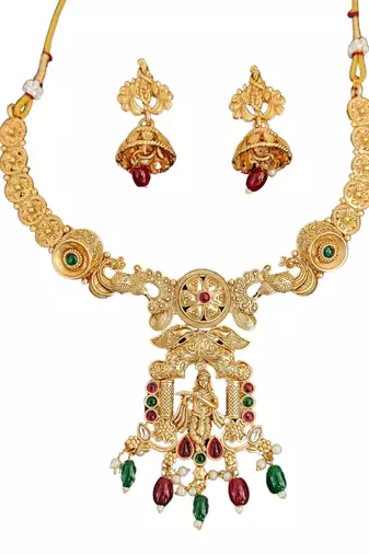 Temple rajwadi polish full stone necklace set with deity pendant and jhumka earrings - indian festive jewelry.