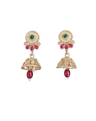 Temple jewellery rajwadi polish short necklace set with fancy design, red & green stones, and jhumka earrings. 6
