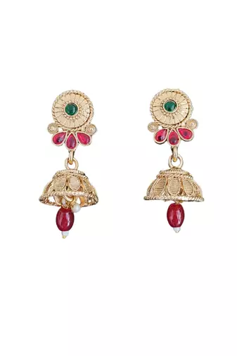 Temple jewellery rajwadi polish short necklace set with fancy design, red & green stones, and jhumka earrings.