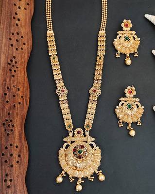 Rajwadi polishing antique gold plated long necklace set with red & green stones, and matching earrings 1