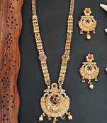 Rajwadi polishing antique gold plated long necklace set with red & green stones, and matching earrings