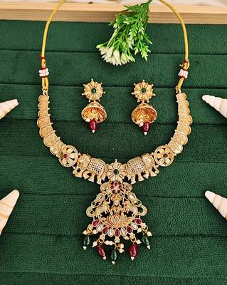 Gold plated elephant motif necklace set with red & green stones and jhumka earrings - elegant indian jewelry. 1