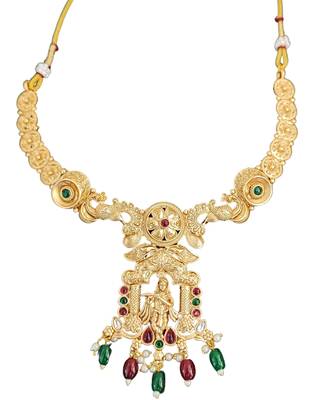 Temple rajwadi polish full stone necklace set with deity pendant and jhumka earrings - indian festive jewelry. 5