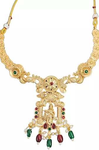 Temple rajwadi polish full stone necklace set with deity pendant and jhumka earrings - indian festive jewelry.