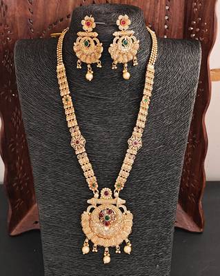 Rajwadi polishing antique gold plated long necklace set with red & green stones, and matching earrings 3