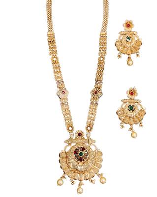 Rajwadi polishing antique gold plated long necklace set with red & green stones, and matching earrings 4
