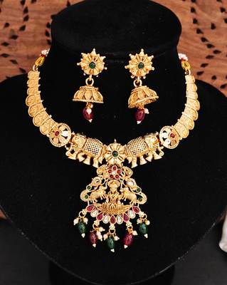 Gold plated elephant motif necklace set with red & green stones and jhumka earrings - elegant indian jewelry. 3