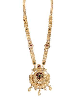 Rajwadi polishing antique gold plated long necklace set with red & green stones, and matching earrings 5
