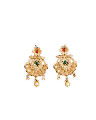 Rajwadi polishing antique gold plated long necklace set with red & green stones, and matching earrings 6