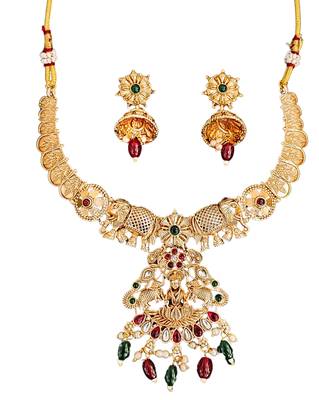 Gold plated elephant motif necklace set with red & green stones and jhumka earrings - elegant indian jewelry. 4