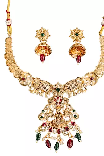 Gold plated elephant motif necklace set with red & green stones and jhumka earrings - elegant indian jewelry.