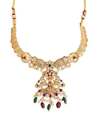 Gold plated elephant motif necklace set with red & green stones and jhumka earrings - elegant indian jewelry. 5