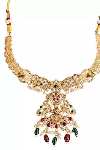 Gold plated elephant motif necklace set with red & green stones and jhumka earrings - elegant indian jewelry.