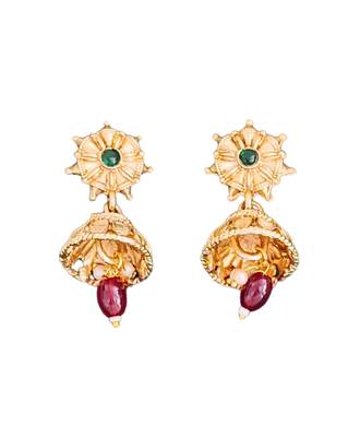 Gold plated elephant motif necklace set with red & green stones and jhumka earrings - elegant indian jewelry. 6