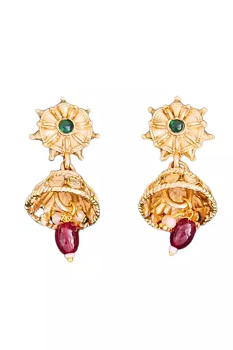 Gold plated elephant motif necklace set with red & green stones and jhumka earrings - elegant indian jewelry.