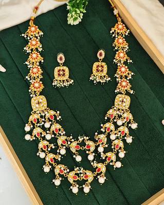 Multilayer gold plated kundan & pearl necklace set with red & white stones - indian jewelry for all occassions 1