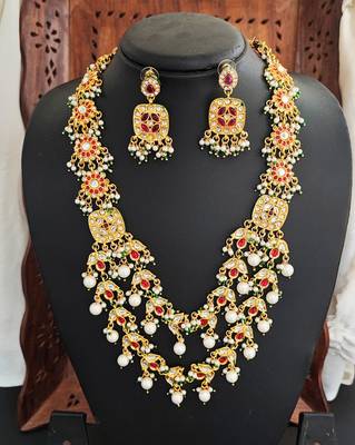 Multilayer gold plated kundan & pearl necklace set with red & white stones - indian jewelry for all occassions 3