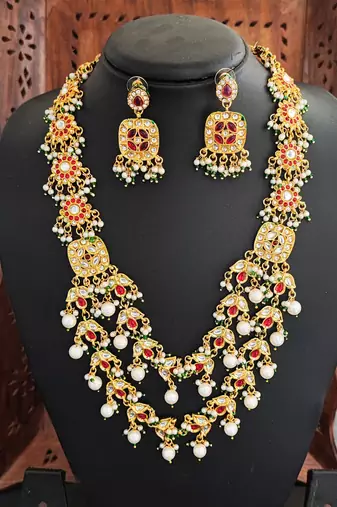Multilayer gold plated kundan & pearl necklace set with red & white stones - indian jewelry for all occassions