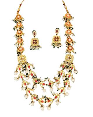 Multilayer gold plated kundan & pearl necklace set with red & white stones - indian jewelry for all occassions 4