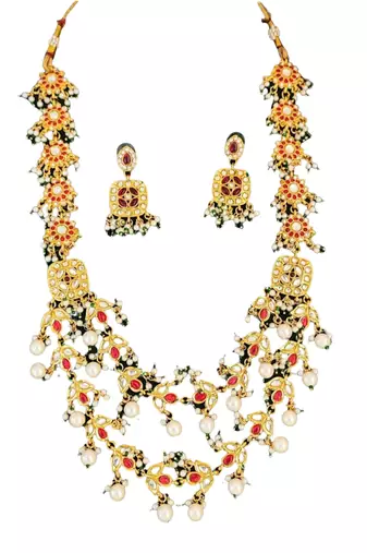 Multilayer gold plated kundan & pearl necklace set with red & white stones - indian jewelry for all occassions