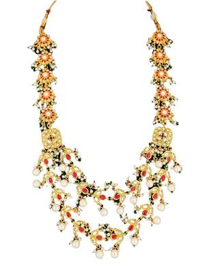 Multilayer gold plated kundan & pearl necklace set with red & white stones - indian jewelry for all occassions 5