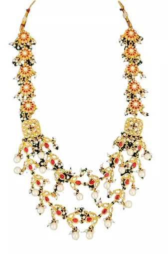 Multilayer gold plated kundan & pearl necklace set with red & white stones - indian jewelry for all occassions