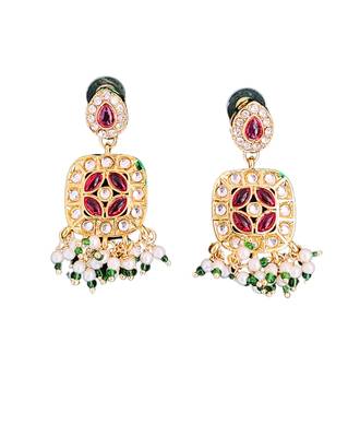 Multilayer gold plated kundan & pearl necklace set with red & white stones - indian jewelry for all occassions 6