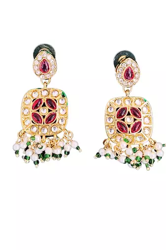 Multilayer gold plated kundan & pearl necklace set with red & white stones - indian jewelry for all occassions
