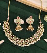 Multicolor gold plated jadau kundan necklace set with pearls and navratan style stones - perfect for festive occasions.