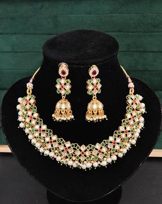Multicolor gold plated jadau kundan necklace set with pearls and navratan style stones - perfect for festive occasions. 3