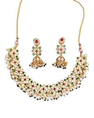 Multicolor gold plated jadau kundan necklace set with pearls and navratan style stones - perfect for festive occasions. 4