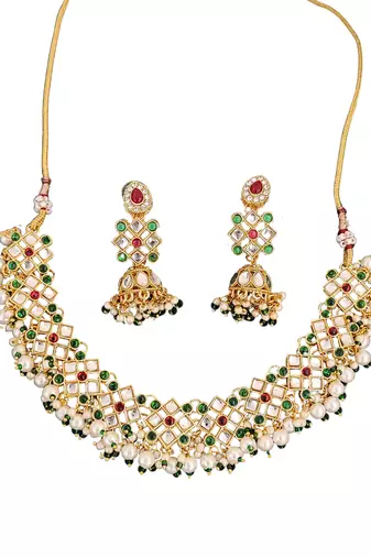 Multicolor gold plated jadau kundan necklace set with pearls and navratan style stones - perfect for festive occasions.