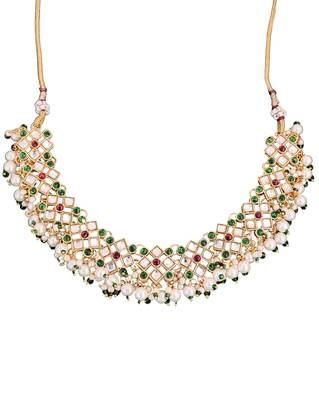 Multicolor gold plated jadau kundan necklace set with pearls and navratan style stones - perfect for festive occasions. 5