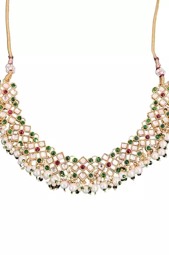 Multicolor gold plated jadau kundan necklace set with pearls and navratan style stones - perfect for festive occasions.