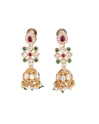 Multicolor gold plated jadau kundan necklace set with pearls and navratan style stones - perfect for festive occasions. 6