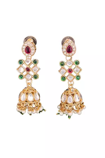 Multicolor gold plated jadau kundan necklace set with pearls and navratan style stones - perfect for festive occasions.
