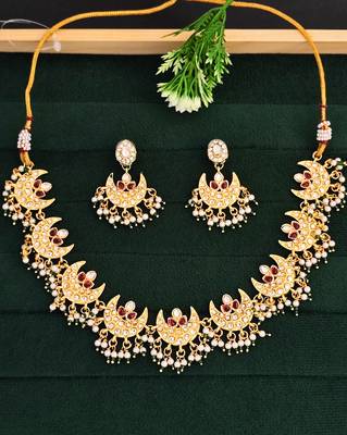 Gold plated crescent moon necklace set with red cz stones & pearls - elegant festive and wedding jewelry for women 1