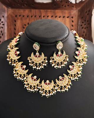 Gold plated crescent moon necklace set with red cz stones & pearls - elegant festive and wedding jewelry for women 3
